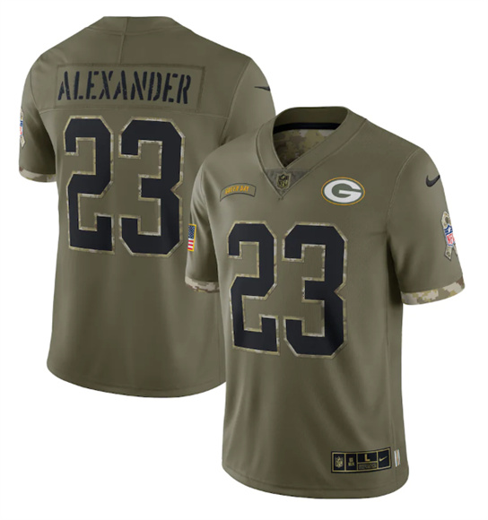 Men's Green Bay Packers #23 Jaire Alexander 2022 Olive Salute To Service Limited Stitched Jersey - Click Image to Close